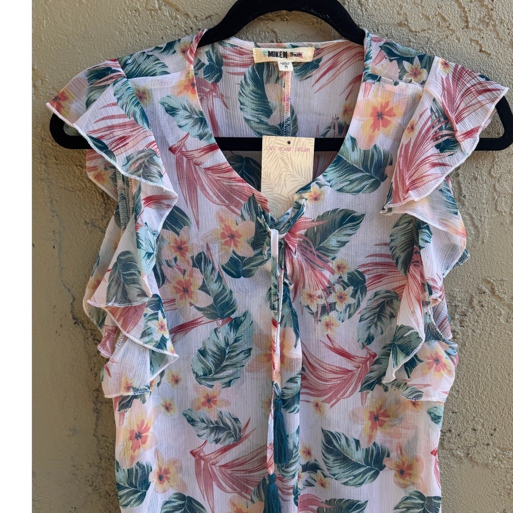 Miken NEW Womens White Tropical Floral Beach Coverup MEDIUM Sheer Resort Swim - Picture 4 of 8